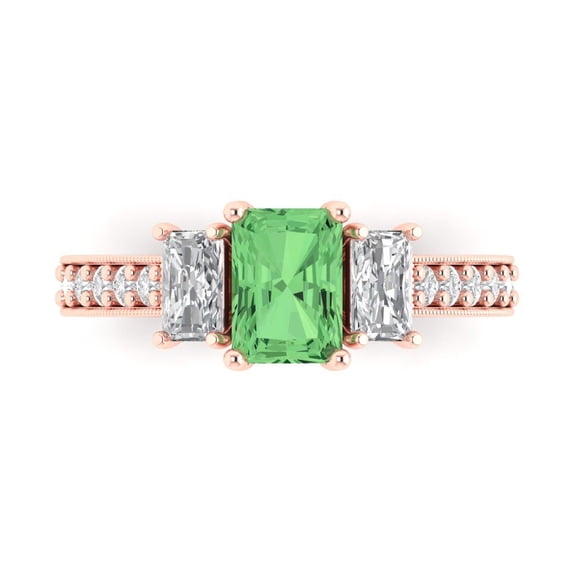 Three-Stone Engagement Ring for Women - 1.88ct Simulated Green Diamond in 14K Rose Gold Promise Ring