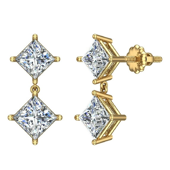 1.82 ct tw Princess Cut Drop Two stone Diamond Dangle Earrings 14K Gold