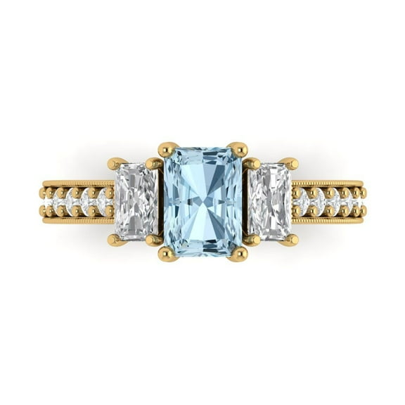 1.88 ct Emerald Cut Natural Aquamarine Three-Stone Engagement Ring for Women in 14K Yellow Gold