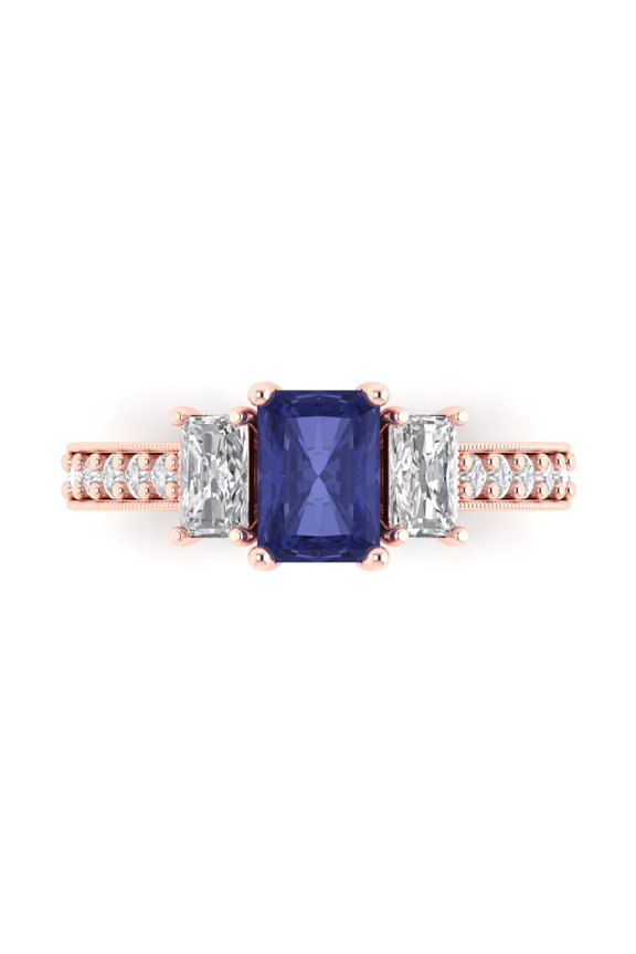 1.88 ct Emerald Cut Simulated Tanzanite Three-Stone Engagement Ring for Women in 14K Rose Gold
