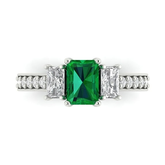 Clara Pucci 14K White Gold 1.88ct Emerald Three-Stone Ring for Women