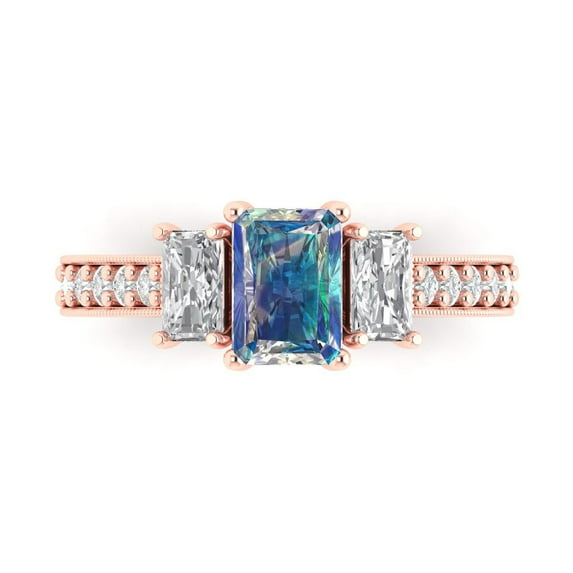 1.88 ctw 3 Stone Anniversary Ring for Women | Emerald Cut Blue Moissanite | Hyperallergenic Solid 18K Rose Gold