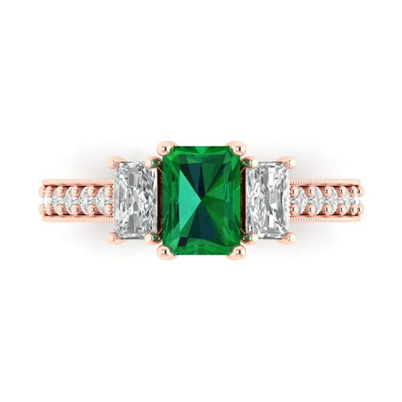 Clara Pucci 14K Rose Gold Solid Gold Emerald Three-Stone Anniversary Ring for Women - 1.88 cttw Emerald Cut