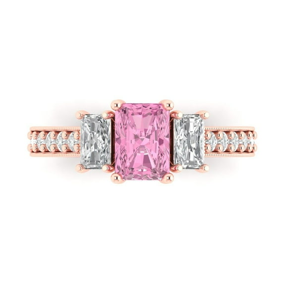 1.88 ctw 3 Stone Anniversary Ring for Women | Emerald Cut Simulated Pink Diamond | Hyperallergenic Solid 18K Rose Gold