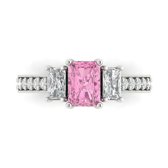 1.88 ctw 3 Stone Anniversary Ring for Women | Emerald Cut Simulated Pink Diamond | Hyperallergenic Solid 18K White Gold
