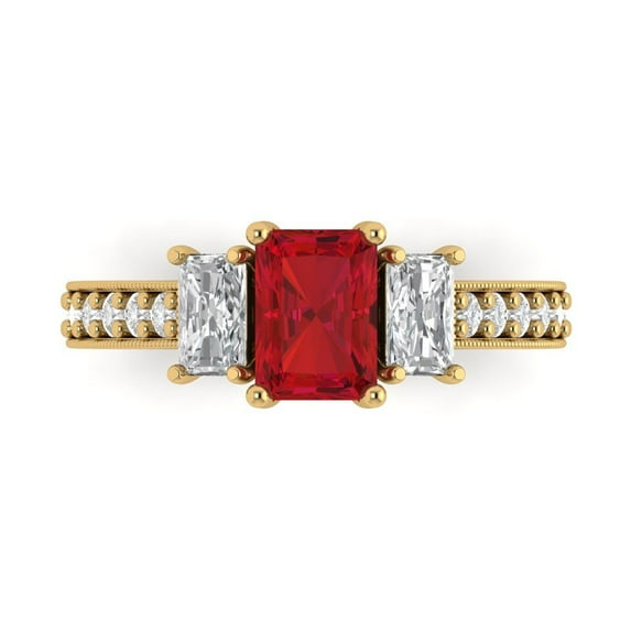 1.88 ctw 3 Stone Anniversary Ring for Women | Emerald Cut Simulated Ruby | Hyperallergenic Solid 14K Yellow Gold