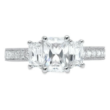 1.88 ct Emerald Cut White Sapphire 3 Stone 14K White Gold Womens Engagement Ring