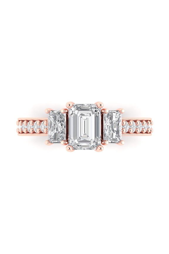 1.88 ct Emerald Cut White Sapphire 3 Stone 18K Rose Gold Womens Engagement Ring