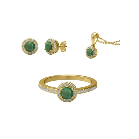 1.83 Ct Round Shape Emerald 925 Sterling Silver Gold Vermeil Solitaire Accents Ring Pendant Earring Set Jewelry
