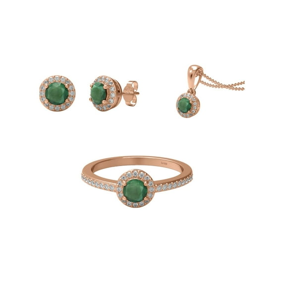 1.83 Ct Round Shape Emerald 925 Sterling Silver Rose Vermeil Solitaire Accents Ring Pendant Earring Set Jewelry