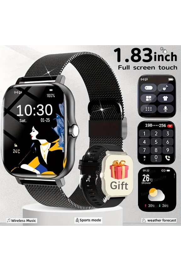 1.83" Full Touch Smart Watch (Unisex) - Wireless Calls/Message Alerts, 240P Resolution, USB Rechargeable, Free Stainless Steel Strap, Android/iPhone Compatible