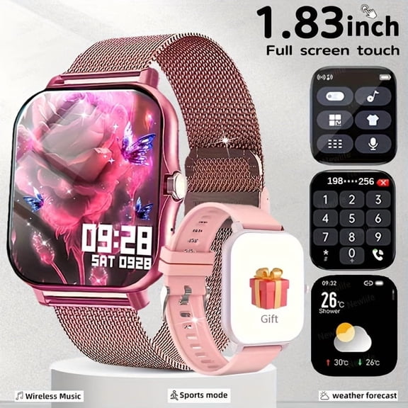 1.83" Full Touch Smart Watch with Wireless Calls, Sports Tracker, Message Alerts, Remote Camera, Weather Report, USB Rechargeable, Multi-Sport Modes, Compatible with Android/iPhone, Free Steel Strap
