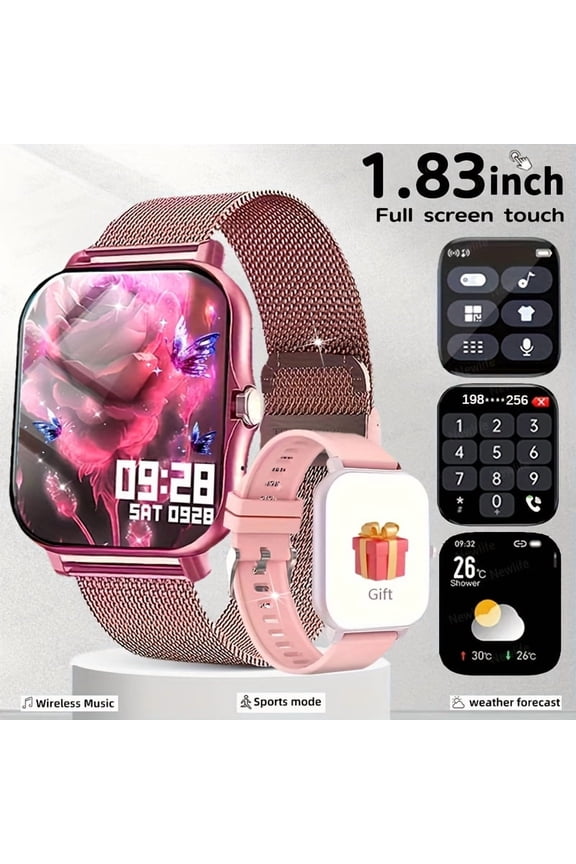 1.83" Full Touch Smart Watch with Wireless Calls, Sports Tracker, Message Alerts, Remote Camera, Weather Report, USB Rechargeable, Multi-Sport Modes, Compatible with Android/iPhone, Free Steel Strap