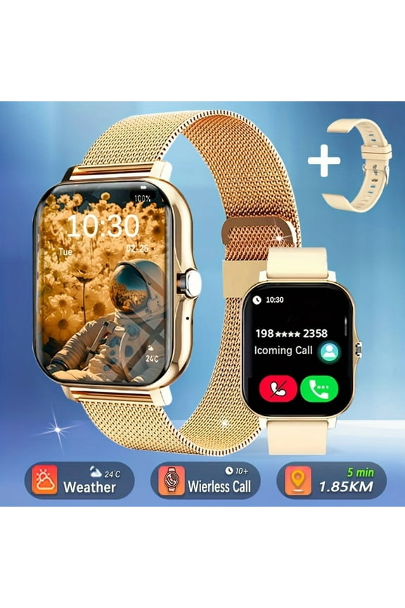 1.83" Full Touch Smartwatch - Caller ID, Fitness Tracker, Step Counter, Message Alerts, USB Charging, Compatible with iPhone/Android, Includes Steel Strap