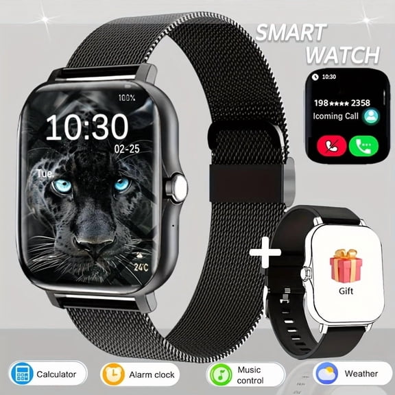 1.83" Full Touch Smartwatch - Caller ID, Fitness Tracker, Step Counter, Message Alerts, USB Charging, Compatible with iPhone/Android, Includes Steel Strap