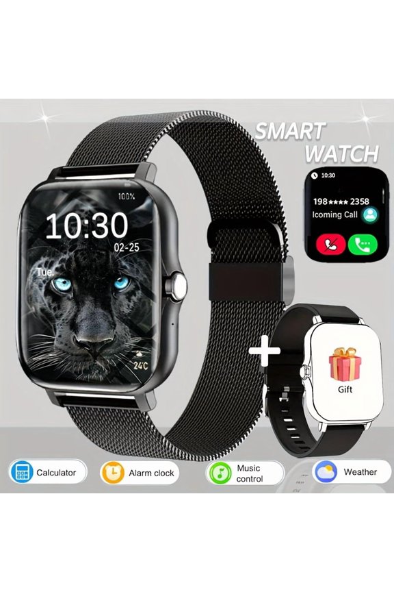 1.83" Full Touch Smartwatch - Caller ID, Fitness Tracker, Step Counter, Message Alerts, USB Charging, Compatible with iPhone/Android, Includes Steel Strap