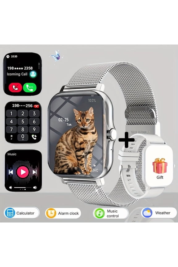 1.83" Full Touch Smartwatch - Caller ID, Fitness Tracker, Step Counter, Message Alerts, USB Charging, Compatible with iPhone/Android, Includes Steel Strap