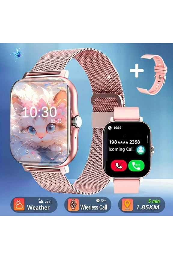 1.83" Full Touch Smartwatch - Caller ID, Fitness Tracker, Step Counter, Message Alerts, USB Charging, Compatible with iPhone/Android, Includes Steel Strap