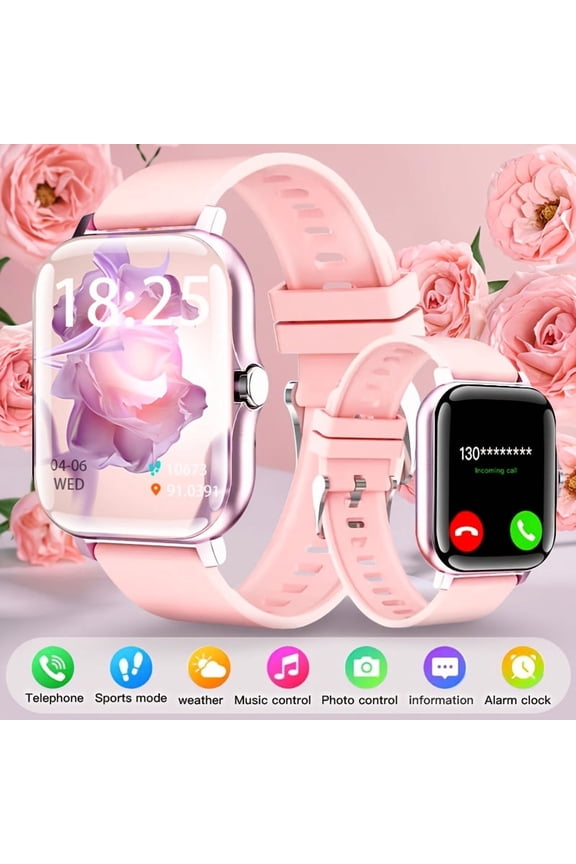 1.83" HD Touch Smartwatch with Pink Strap - Call/Music Control, Fitness Tracker, SMS/Weather Alerts for Android iPhone, USB Charging for Outdoor