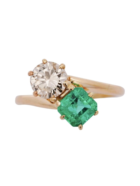 1.84 Carat Square Emerald & Round Diamond 18k Gold Toi Et Moi Bypass Ring