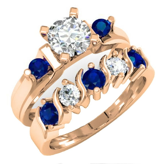 1.85 Carat (ctw) 10K Rose Gold Round Blue & White Sapphire Ladies 3 Stone Bridal Engagement Ring Matching Band Set