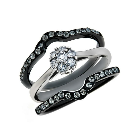 1.85 Ct Round Cut Zirconia Black Stainless Steel Wedding Ring Set Women's Size 10
