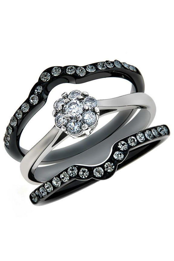 1.85 Ct Round Cut Zirconia Black Stainless Steel Wedding Ring Set Women's Size 7