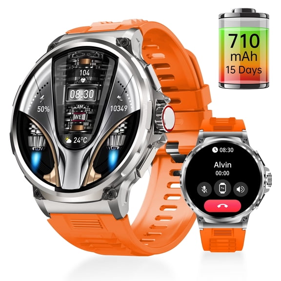 1.85" Round Smart Watch for Men, 710mAh Massive Battery, Bluetooth Calling, Activity Tracker with Sports Modes & Trajectory Map, Zinc Alloy Case, IP67 Waterproof (Orange)