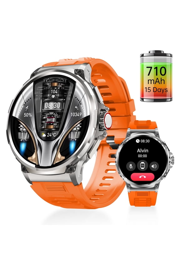 1.85" Round Smart Watch for Men, 710mAh Massive Battery, Bluetooth Calling, Activity Tracker with Sports Modes & Trajectory Map, Zinc Alloy Case, IP67 Waterproof (Orange)