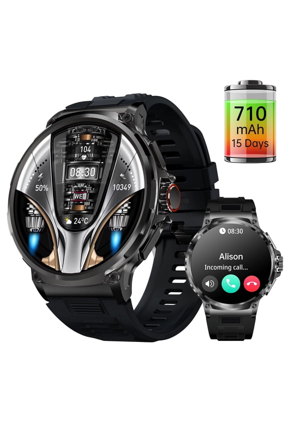 1.85" Round Smart Watch for Men, 710mAh Massive Battery, Bluetooth Calling, Activity Tracker with Sports Modes & Trajectory Map, Zinc Alloy Case, IP67 Waterproof(black)