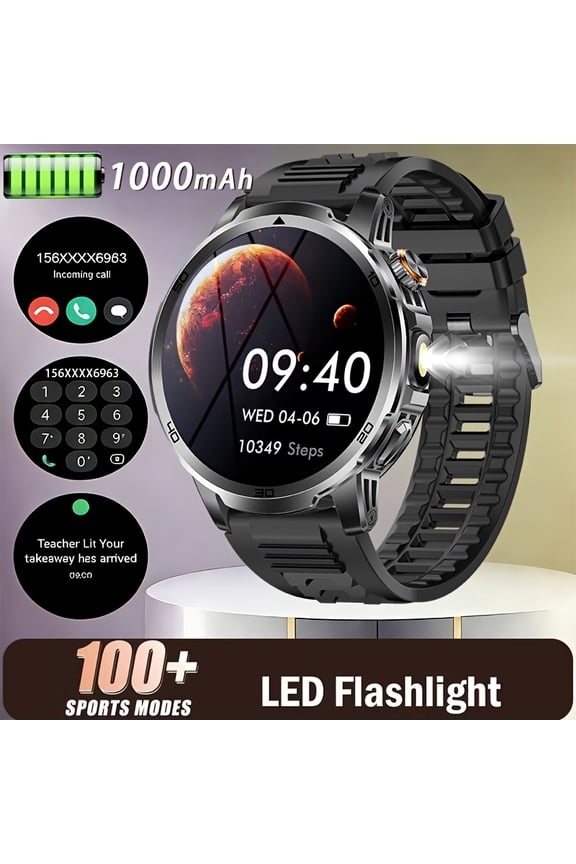 1.85" Ultra Clear Large Screen Smartwatch, LED Flashlight, Wireless Call, Music Control, IPX8 Waterproof, 1000mAh Battery, Multi Sports Modes, Classic Stylish Gift