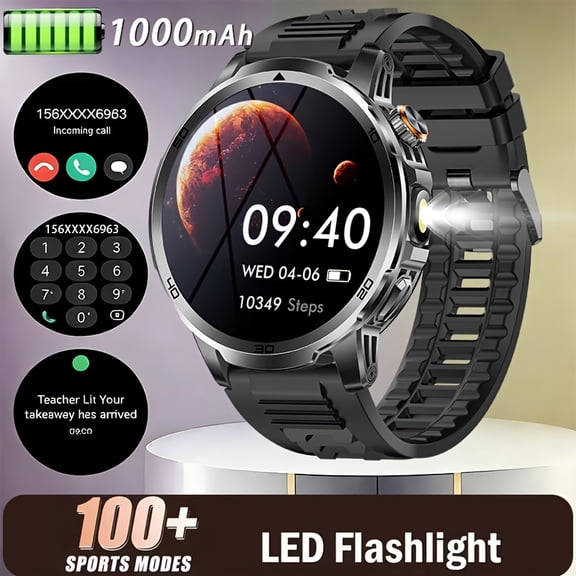1.85" Ultra Clear Large Screen Smartwatch, LED Flashlight, Wireless Call, Music Control, IPX8 Waterproof, 1000mAh Battery, Multi Sports Modes, Classic Stylish Gift