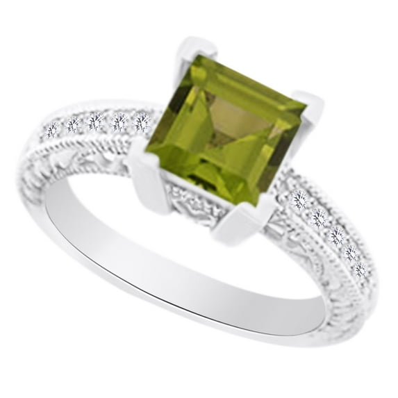 AFFY (1.85 cttw) Simulated Green Peridot & White Natural Diamond Antique Style Engagement Wedding Ring In 14k White Gold With Ring Size 13.5