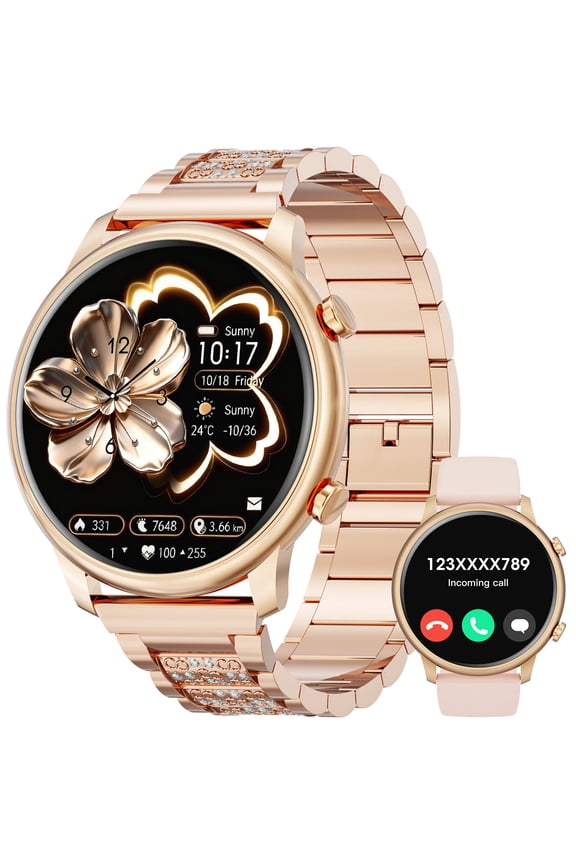 Smart Watch(Answer/Make Call), Smartwatch fits for Android and Iphone, 1.39" HD Fitness Watch with 100 Sports Modes, Waterproof, Activity Smart Watches for Women, Two Straps, Gold