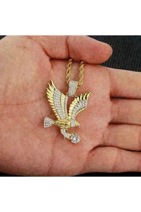 1.85Ct Round Cut Lab Created Diamond Eagle Pendant 14K Yellow Gold Finish Free Chain