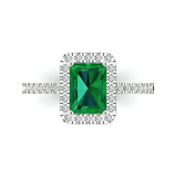 Halo Engagement Ring for Women - 1.86ct Simulated Emerald in 14K White Gold Promise Ring