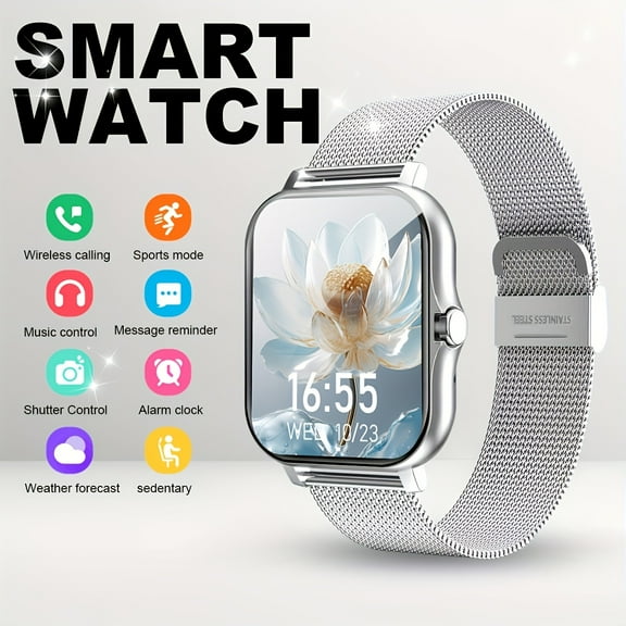 1.86" Full Touch Smart Watch - Stainless Steel Band, Alloy Body, Wireless Call, Message Notification, Music Control for iPhone/Android
