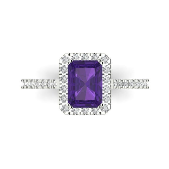 1.86 ctw with Simulated Diamond Halo Accents Anniversary Ring for Women | Emerald Cut Natural Amethyst | Hyperallergenic Solid 14K White Gold