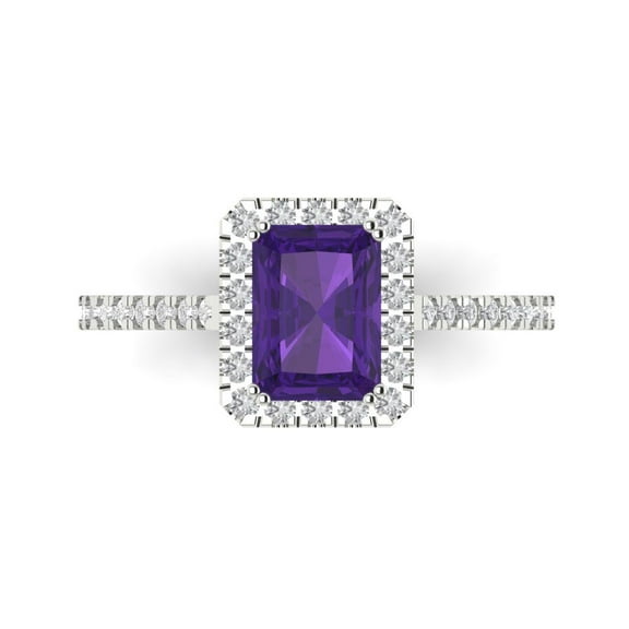 1.86 ctw with Simulated Diamond Halo Accents Anniversary Ring for Women | Emerald Cut Natural Amethyst | Hyperallergenic Solid 14K White Gold