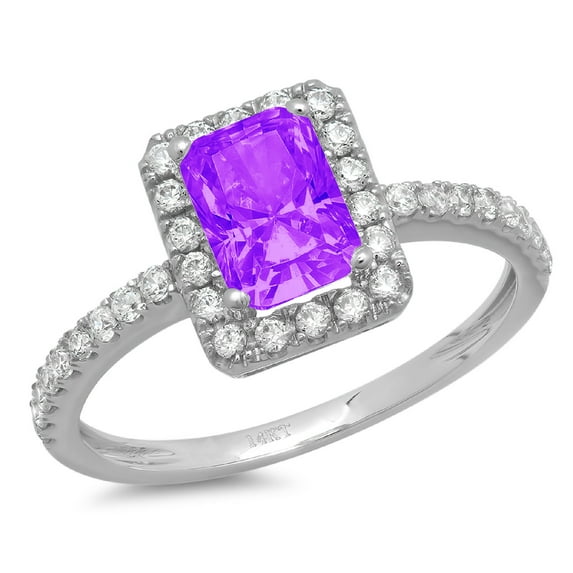 1.86 ct Emerald Cut Natural Amethyst with Simulated Diamond Halo Accents 18K White Gold Womens Engagement Ring