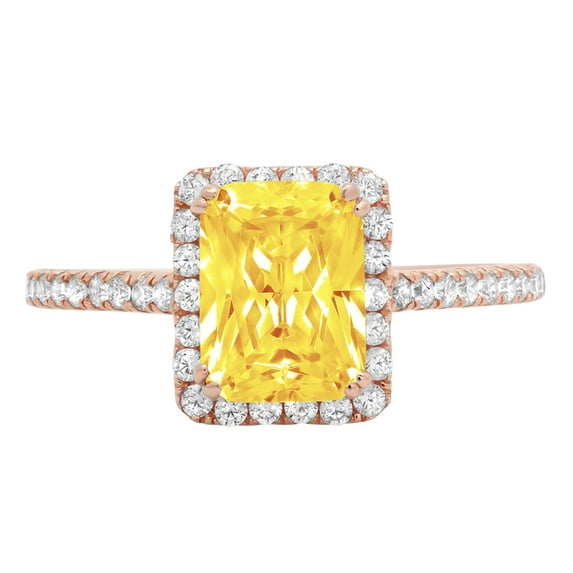 1.86 ct Emerald Cut Natural Citrine Solitaire with Simulated Diamond Accents 14K Rose Gold Womens Engagement Ring