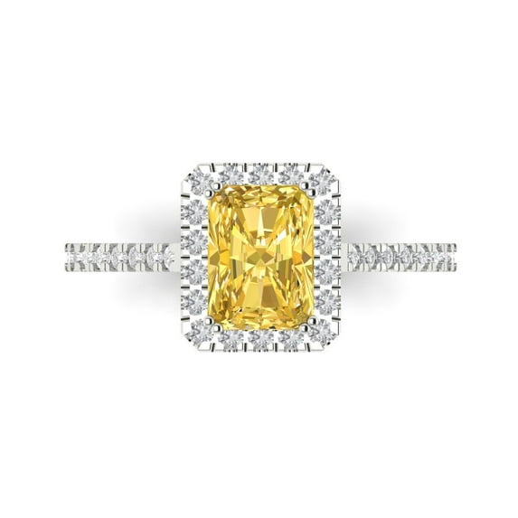 1.86 ctw with Simulated Diamond Halo Accents Anniversary Ring for Women | Emerald Cut Natural Citrine | Hyperallergenic Solid 18K White Gold