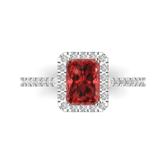 1.86 ctw with Simulated Diamond Halo Accents Anniversary Ring for Women | Emerald Cut Natural Garnet | Hyperallergenic Solid 14K White Gold