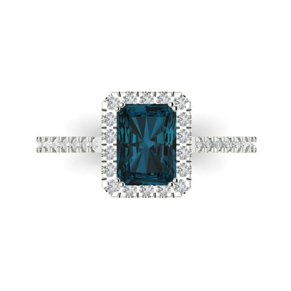 1.86 ct Emerald Cut Natural London Blue Topaz Halo Engagement Ring for Women in 18K White Gold