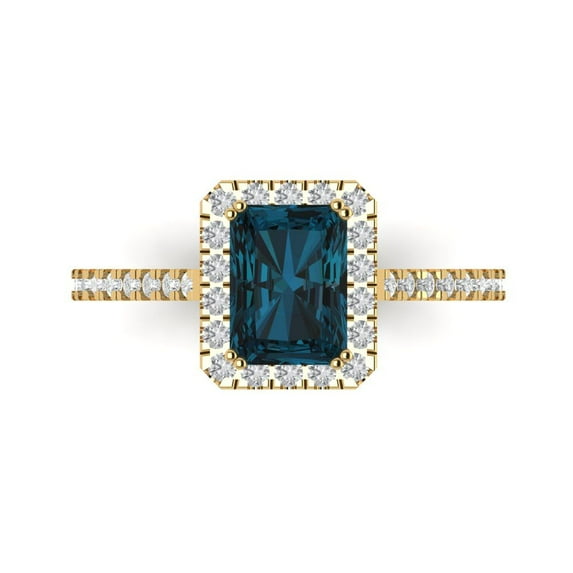 Clara Pucci 14K Yellow Gold Solid Gold LondonBlueTopaz Solitaire with Accents Anniversary Ring for Women - 1.86 cttw Emerald Cut