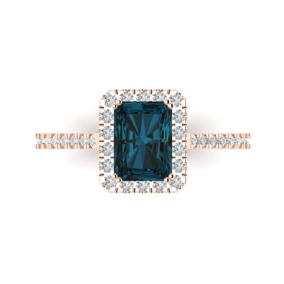 1.86 ct Emerald Cut Natural London Blue Topaz Solitaire with Simulated Diamond Accents 18K Rose Gold Womens Engagement Ring