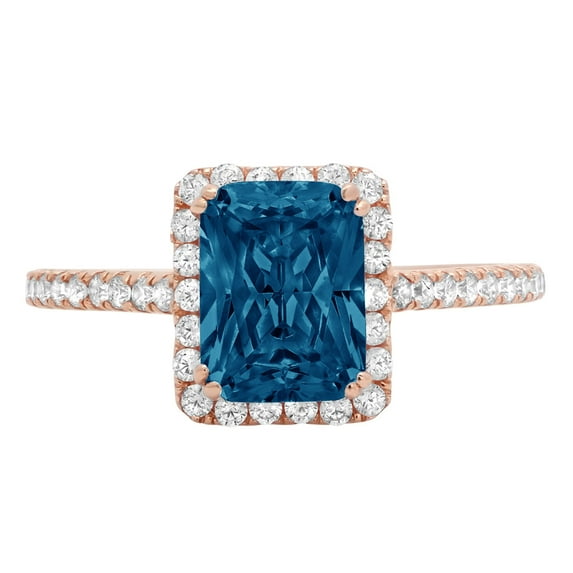1.86 ct Emerald Cut Natural London Blue Topaz Solitaire with Simulated Diamond Accents 18K Rose Gold Womens Engagement Ring