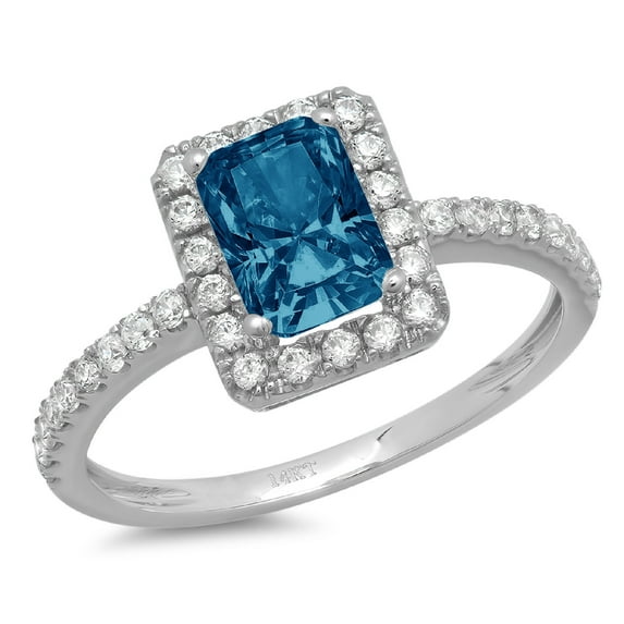 1.86 ct Emerald Cut Natural London Blue Topaz with Simulated Diamond Halo Accents 18K White Gold Womens Engagement Ring