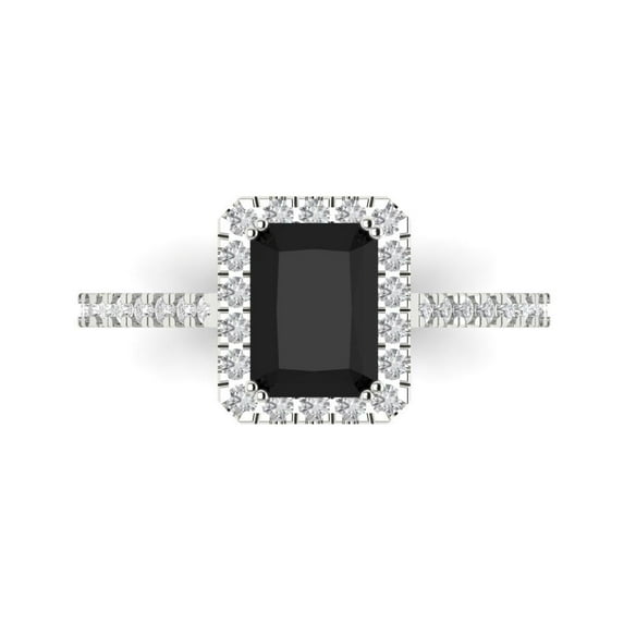 1.86 ctw with Simulated Diamond Halo Accents Anniversary Ring for Women | Emerald Cut Natural Onyx | Hyperallergenic Solid 14K White Gold