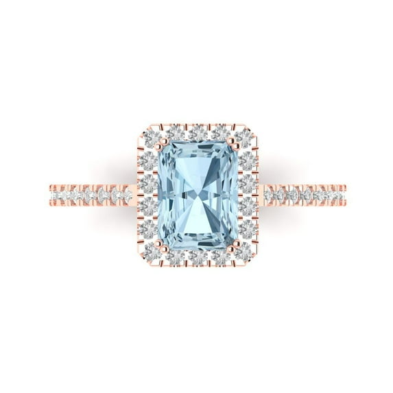 1.86 ct Emerald Cut Natural Swiss Blue Topaz Solitaire with Simulated Diamond Accents 18K Rose Gold Womens Engagement Ring